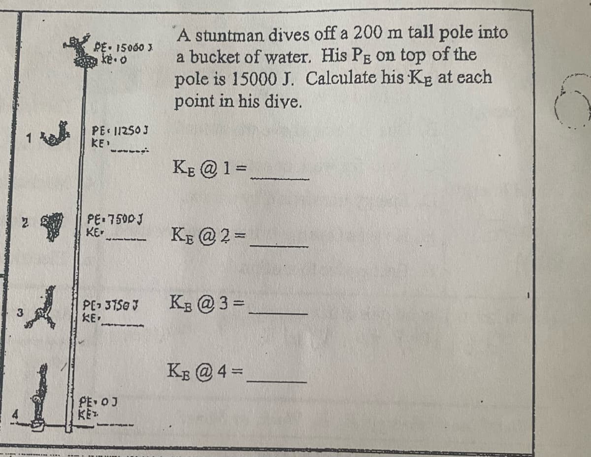 A stuntman dives off a 200 m tall pole into
a bucket of water. His PE On top of the
pole is 15000 J. Calculate his Ke at each
point in his diye.
PE 15000 )
ke o
PE« 11250 J
KE
KE @ 1 =
%3D
PE 7500J
KE
KE @ 2 =
PE- 37Se 3
KE
KE @ 3 =
3
KE @4 =
PE OJ
KE
