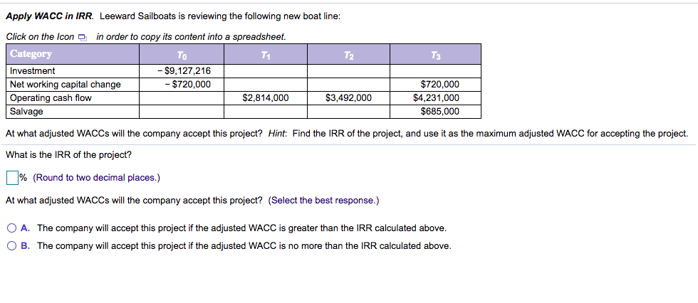 Apply WACC in IRR. Leeward Sailboats is reviewing the following new boat line:
Click on the Icon a in order to copy its content into a spreadsheet.
Category
To
T1
T2
T3
Investment
- $9,127,216
Net working capital change
Operating cash flow
Salvage
- $720,000
$720,000
$4,231,000
$2,814,000
$3,492,000
$685,000
At what adjusted WACCS will the company accept this project? Hint: Find the IRR of the project, and use it as the maximum adjusted WACC for accepting the project.
What is the IRR of the project?
% (Round to two decimal places.)
At what adjusted WACCS will the company accept this project? (Select the best response.)
O A. The company will accept this project if the adjusted WACC is greater than the IRR calculated above.
O B. The company will accept this project if the adjusted WACC is no more than the IRR calculated above.
