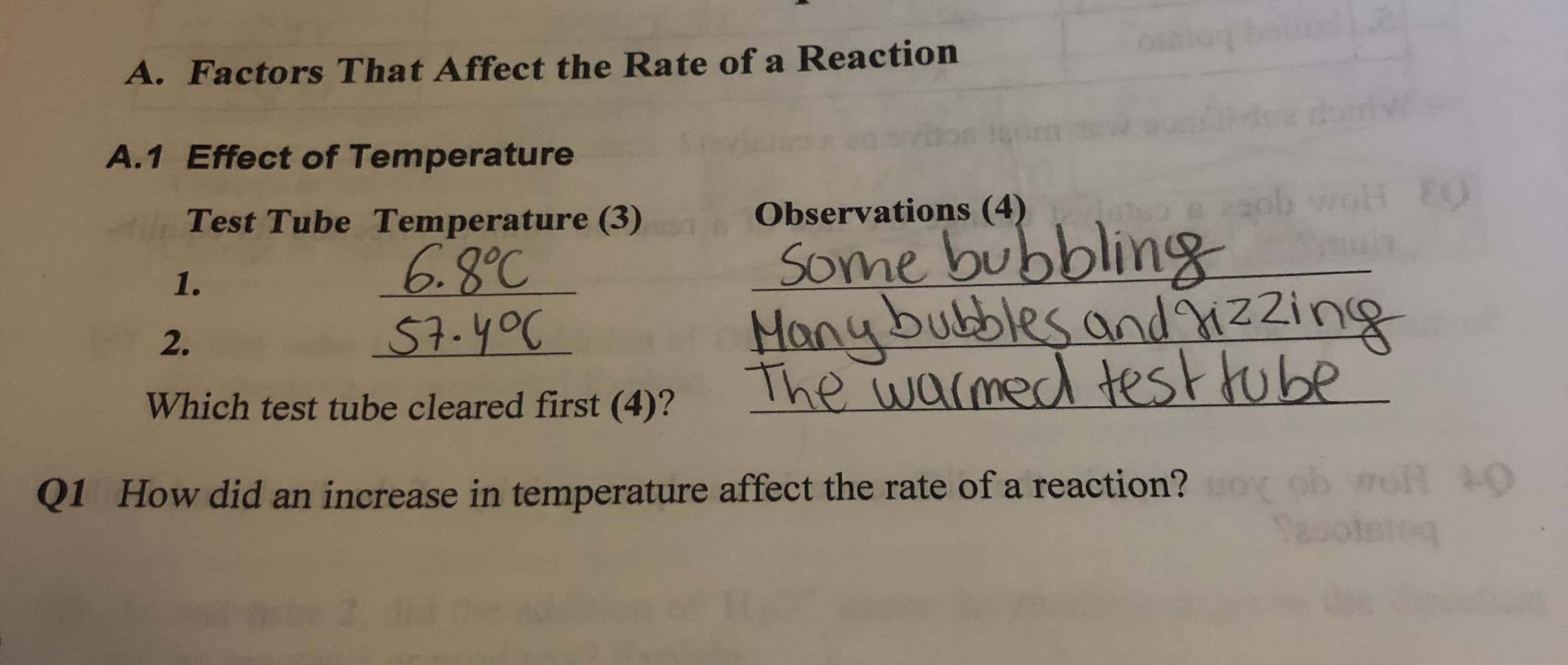 Q1 How did an increase in temperature affect the rate of a reaction?o

