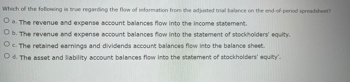 Which of the following is true regarding the flow of information from the adjusted trial balance on the end-of-period spreadsheet?
O a. The revenue and expense account balances flow into the income statement.
O b. The revenue and expense account balances flow into the statement of stockholders' equity.
O c. The retained earnings and dividends account balances flow into the balance sheet.
O d. The asset and liability account balances flow into the statement of stockholders' equity'.