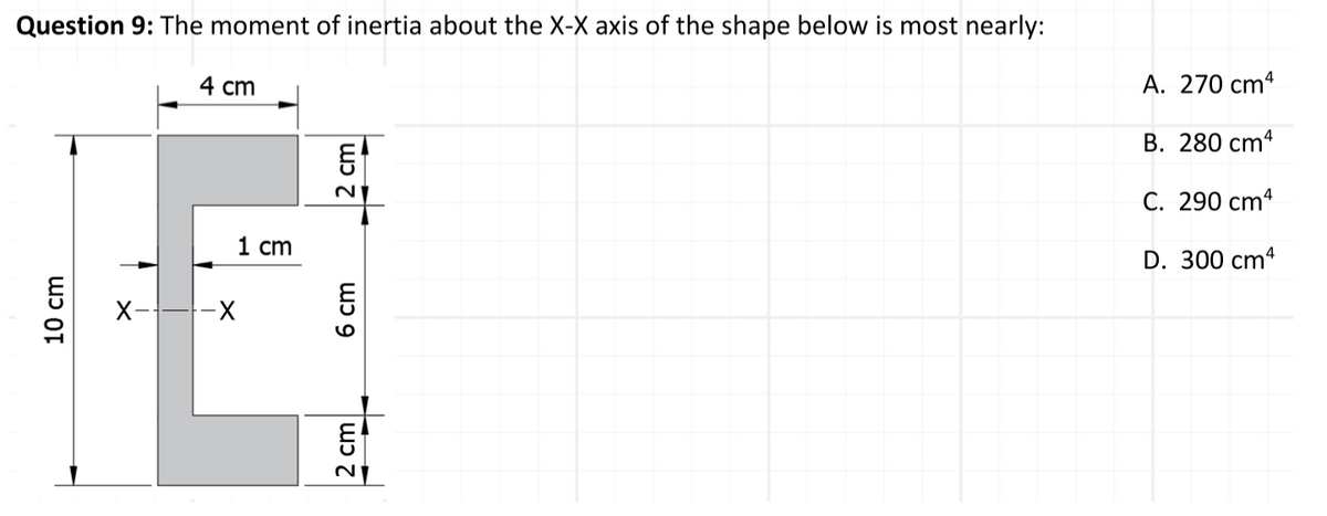 Question 9: The moment of inertia about the X-X axis of the shape below is most nearly:
4 cm
A. 270 cm4
В. 280 cm4
C. 290 cm4
1 сm
D. 300 cm4
10 cm
2 cm
6 cm
2 cm
