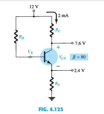 12 V
2 mA
RC
RB
7.6 V
VB
VCE B = 80
02.4 V
RE
FIG. 4.123
