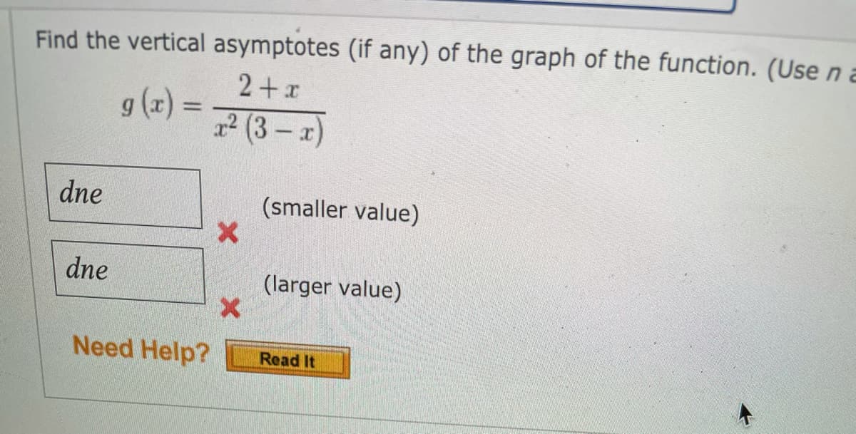 Find the vertical asymptotes (if any) of the graph of the function. (Use n a
2+x
g (2) = *
² (3 - x)
dne
(smaller value)
dne
(larger value)
Need Help?
Read It
