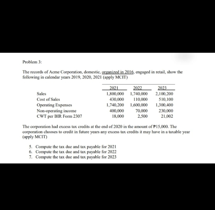 Problem 3:
The records of Acme Corporation, domestic, organized in 2016, engaged in retail, show the
following in calendar years 2019, 2020, 2021 (apply MCIT)
2023
2,100,200
510,100
2021
2022
Sales
1,800,000 1,740,000
430,000
Cost of Sales
110,000
Operating Expenses
Non-operating income
CWT per BIR Form 2307
1,740,200 1,600,000
1,300,400
230,000
400,000
18,000
70,000
2,500
21,002
The corporation had excess tax credits at the end of 2020 in the amount of P15,000. The
corporation chooses to credit in future years any excess tax credits it may have in a taxable year
(apply MCIT)
5. Compute the tax due and tax payable for 2021
6. Compute the tax due and tax payable for 2022
7. Compute the tax due and tax payable for 2023
