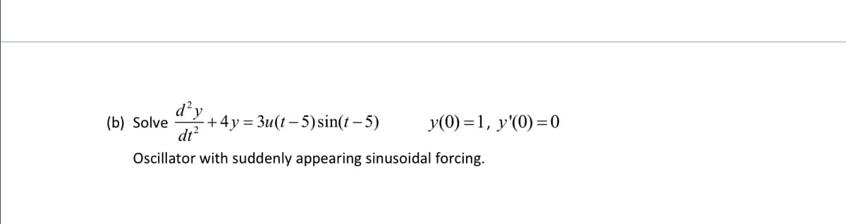 (b) Solve +4y=3u(t-5) sin(t-5) y(0)=1, y'(0)=0
d²y
dt²
Oscillator with suddenly appearing sinusoidal forcing.
