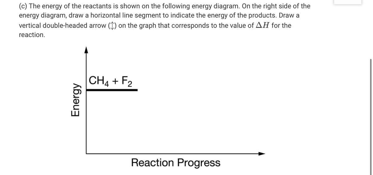 (c) The energy of the reactants is shown on the following energy diagram. On the right side of the
energy diagram, draw a horizontal line segment to indicate the energy of the products. Draw a
vertical double-headed arrow () on the graph that corresponds to the value of AH for the
reaction.
CH4 + F2
Reaction Progress
Energy
