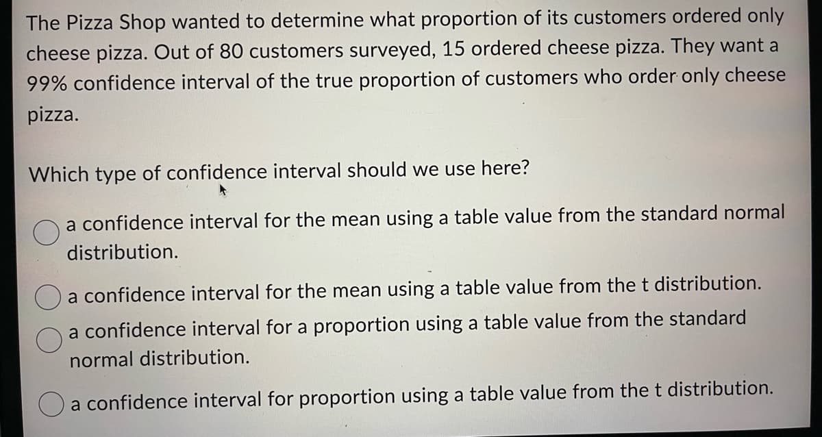 The Pizza Shop wanted to determine what proportion of its customers ordered only
cheese pizza. Out of 80 customers surveyed, 15 ordered cheese pizza. They want a
99% confidence interval of the true proportion of customers who order only cheese
pizza.
Which type of confidence interval should we use here?
a confidence interval for the mean using a table value from the standard normal
distribution.
a confidence interval for the mean using a table value from the t distribution.
a confidence interval for a proportion using a table value from the standard
normal distribution.
a confidence interval for proportion using a table value from the t distribution.