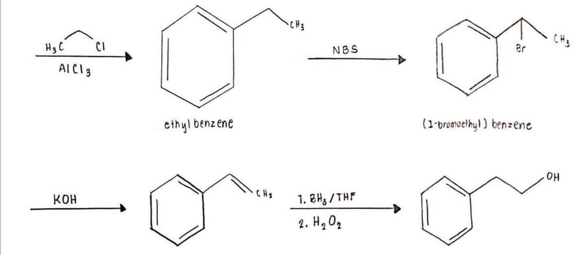 CH3
CH3
Hg C
CI
NBS
Br
AICI3
ethyl benzene
(1-bromoethyl ) benzene
on
HO
CH2
KOH
1. 8H3 / THF
2. H, O2
