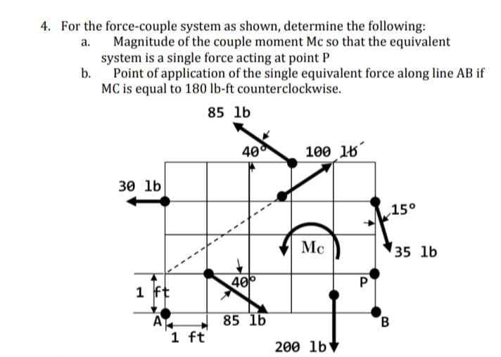 4. For the force-couple system as shown, determine the following:
Magnitude of the couple moment Mc so that the equivalent
system is a single force acting at point P
b.
a.
Point of application of the single equivalent force along line AB if
MC is equal to 180 lb-ft counterclockwise.
85 lb
40
°
100 16
30 lb
15°
Mc
35 lb
400
P
1 ft
A
85 lb
B
1 ft
200 lb
