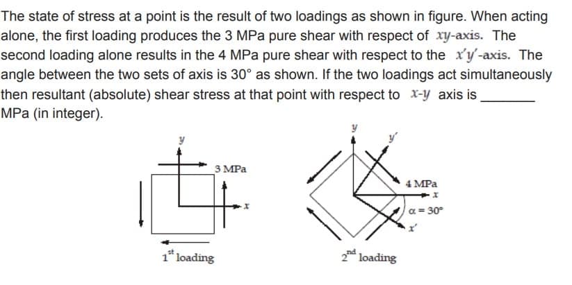 The state of stress at a point is the result of two loadings as shown in figure. When acting
alone, the first loading produces the 3 MPa pure shear with respect of xy-axis. The
second loading alone results in the 4 MPa pure shear with respect to the x'y-axis. The
angle between the two sets of axis is 30° as shown. If the two loadings act simultaneously
then resultant (absolute) shear stress at that point with respect to x-y axis is
MPa (in integer).
3 MPa
st
1 loading
2 loading
4 MPa
α= 30°
x'