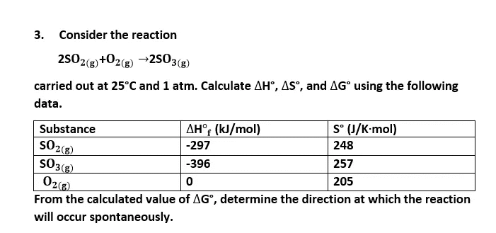 3. Consider the reaction
2502(g) +02(g) →2S03(8)
-2503(8)
carried out at 25°C and 1 atm. Calculate AH°, AS°, and AG° using the following
data.
AH°¢ (kJ/mol)
S° (J/K-mol)
Substance
-297
248
SO2(8)
S03(s)
O2(g)
From the calculated value of AG°, determine the direction at which the reaction
-396
257
205
will occur spontaneously.
