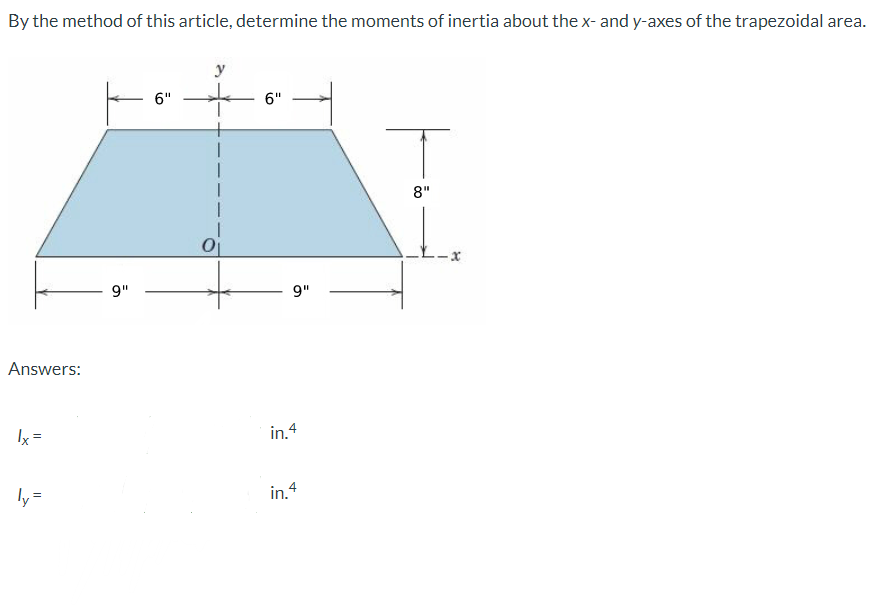 By the method of this article, determine the moments of inertia about the x- and y-axes of the trapezoidal area.
y
6"
6"
8"
9"
9"
Answers:
Ix =
in.4
ly=
in. 4
