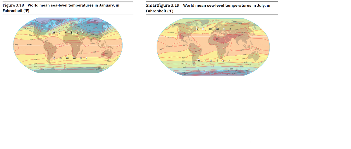 Figure 3.18 World mean sea-level temperatures in January, in
Smartfigure 3.19 World mean sea-level temperatures in July, in
Fahrenheit (°F)
Fahrenheit (°F)
40°F
-20°F
30°F
10'F
40°F
SOF 40°F
-50°F
50.
10°C-
60°F
O'F
2070f
Woci
60'F
70°F
-60°F
70°F
50°FE
-70'F
80°F
-80'E
100°F
Equator
27°C
27°C
32 C
Ecuator(
-80°F
80 F
70F
-70°F
80'F-
-80°F-
21°C-
21°C
-60°F
70
-60°F
-70°F
-16°C-
-60°F
W
50°F
-10°C
-60°F-
-50°F
e
-50'E
40°F
-30'F
20
-40°F
-50°F
40F
30°F
-20'F
40°F
30°F
-10
-30°F.
20°F
O'F
10'F
-20°F
O'F
-20°F
40°C
40'F-30'F
