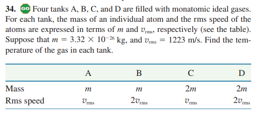 34. Go Four tanks A, B, C, and D are filled with monatomic ideal gases.
For each tank, the mass of an individual atom and the rms speed of the
atoms are expressed in terms of m and vmss respectively (see the table).
Suppose that m = 3.32 × 10-26 kg, and vms = 1223 m/s. Find the tem-
perature of the gas in each tank.
В
C
D
A
2m
2m
m
Mass
m
20ms
V ms
2v,
rms
Rms speed
Vms

