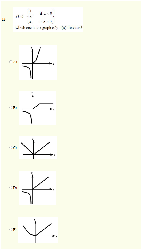 1
if x<0
f(x)-{x
13 -
if x 20]
which one is the graph of y=f(x) function?
OA)
OB)
OD)
OE)
