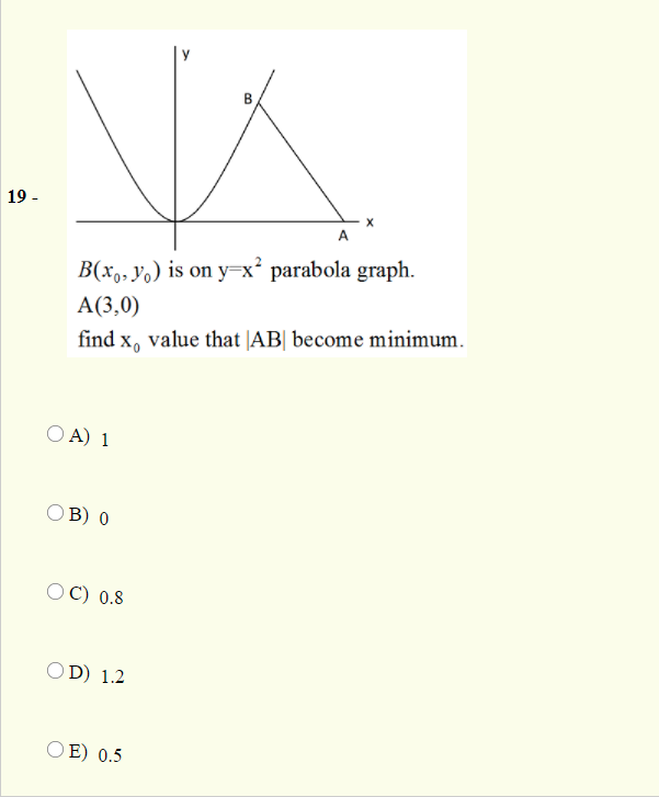 B
19 -
A
B(x,, yo) is on y=x² parabola graph.
A(3,0)
find x, value that |AB| become minimum.
O A) 1
OB) 0
OC) 0.8
OD) 1.2
O E) 0.5
