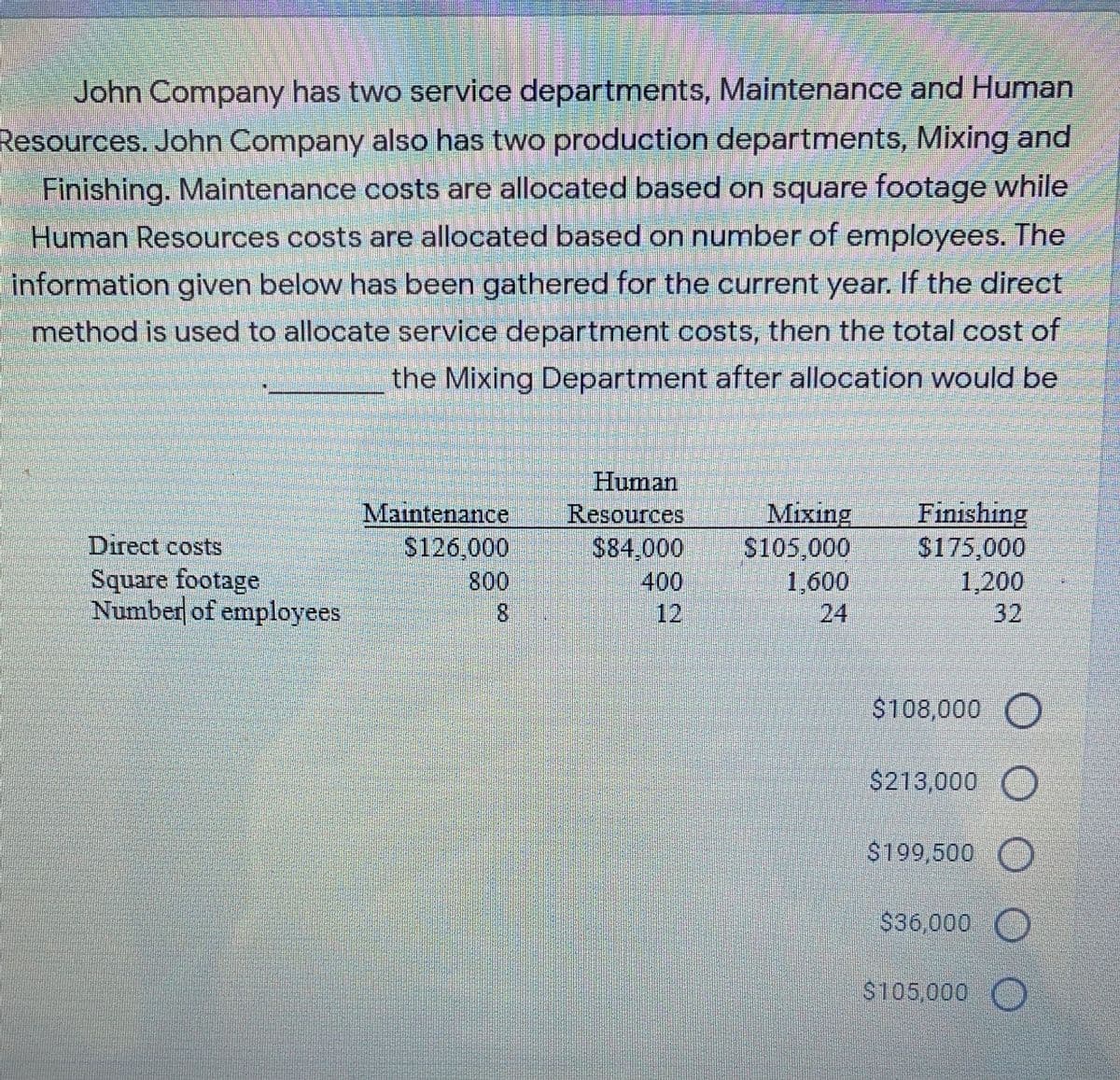 John Company has two service departments, Maintenance and Human
Resources. John Company also has two production departments, Mixing and
Finishing. Maintenance costs are allocated based on square footage while
Human Resources costs are allocated based on number of employees. The
Information given below has been gathered for the current year. If the direct
method is used to allocate service department costs, then the total cost of
the Mixing Department after allocation would be
Maintenance
$126,000
800
Human
Resources
$84,000
400
Mixing
$105,000
1,600
24
Finishing
$175,000
1,200
32
Direct costs
Square footage
Number of employees
8.
12
$108,000 O
$213,000 O
$199,500 O
$36,000
$105,000 O
