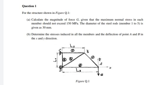 Question 1
For the structure shown in Figure Q.1:
(a) Calculate the magnitude of force G, given that the maximum normal stress in each
member should not exceed 150 MPa. The diameter of the steel rods (member 1 to 5) is
given as 30 mm.
(b) Determine the stresses induced in all the members and the deflection of point A and B in
the x and y direction.
Ls
Figure Q.1
