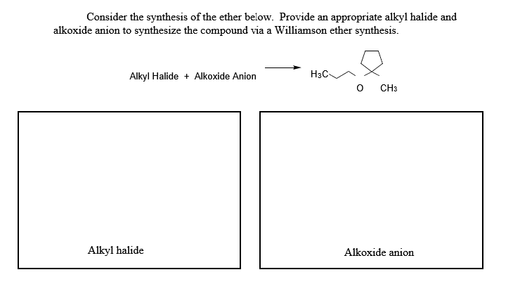 Consider the synthesis of the ether below. Provide an appropriate alkyl halide and
alkoxide anion to synthesize the compound via a Williamson ether synthesis.
Alkyl Halide + Alkoxide Anion
H3C-
O CH3
Alkyl halide
Alkoxide anion
