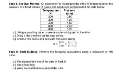 Task 8. Eyo-Ball Method. An experiment to investigate the effect of temperature on the
pressure of a fixed volume of gases was conducted and recorded the data below.
Temperature
(к)
200
300
400
600
800
a) Using a graphing paper, make a scatter-plot graph of the data.
Pressure
(atm)
0.80
1 20
1.60
2.40
3.20
b) Draw a line trendline on the data points.
c) Choose two points and calculate the slope, using
rise
-
run
Task 9. Tech-Buddies. Perfarm the following calculations using a calculator or MS
Еxcel
a) The slope of the line of the data in Task 8
b) The y-intercept.
c.) Write an equation to represent the data.
.
