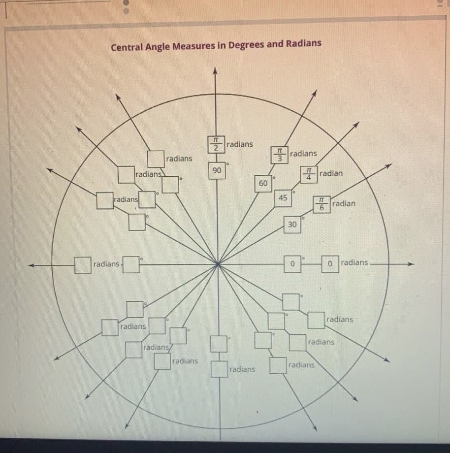 Central Angle Measures in Degrees and Radians
radians
It
radians
radians
3
90
radians
radian
60
radians
45
radian
30
radians-
o radians
radians
radians
radians
radians
radians
radians
radians
