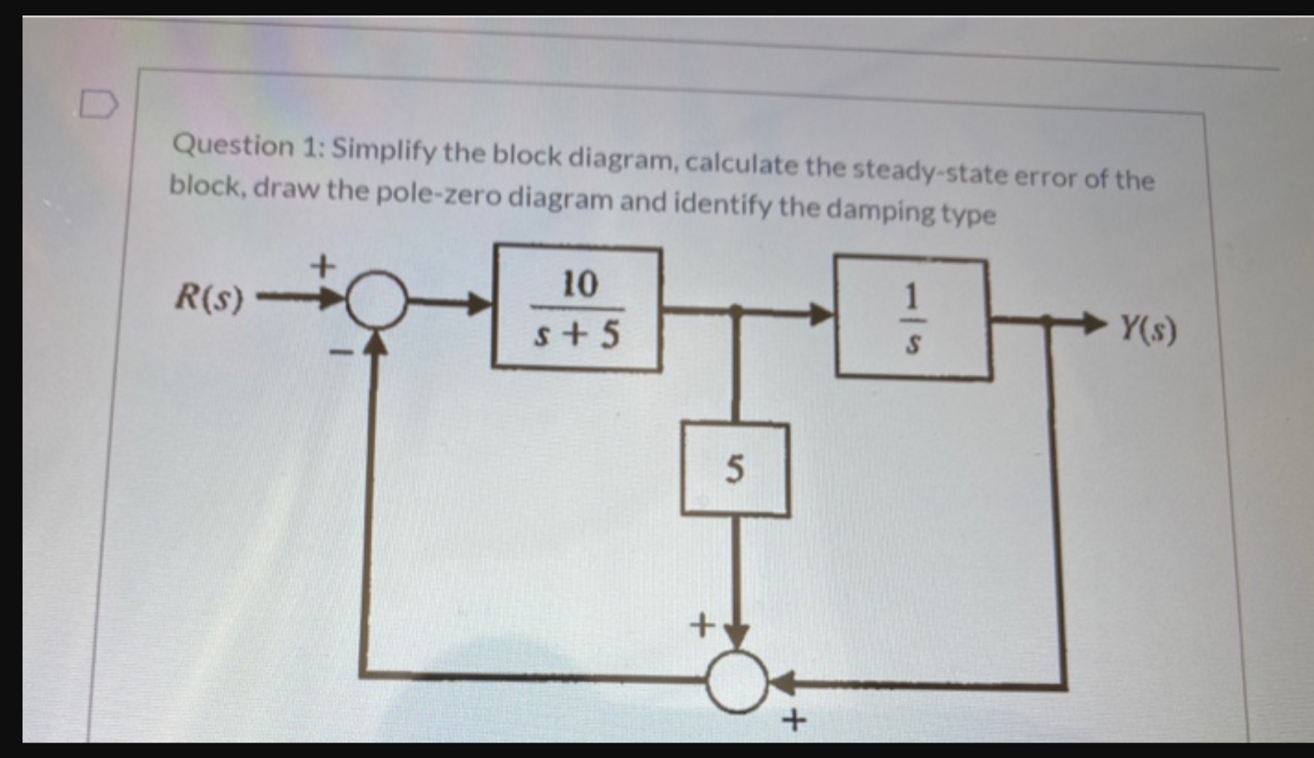 Question 1: Simplify the block diagram, calculate the steady-state error of the
block, draw the pole-zero diagram and identify the damping type
10
R(s)
Y(s)
s+ 5
