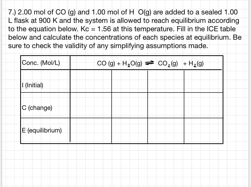 7.) 2.00 mol of CO (g) and 1.00 mol of H O(g) are added to a sealed 1.00
L flask at 900 K and the system is allowed to reach equilibrium according
to the equation below. Kc = 1.56 at this temperature. Fill in the ICE table
below and calculate the concentrations of each species at equilibrium. Be
sure to check the validity of any simplifying assumptions made.
Conc. (Mol/L)
CO (g) + H2O(g) → CO2(g) + H2(g)
(Initial)
C (change)
E (equilibrium)
