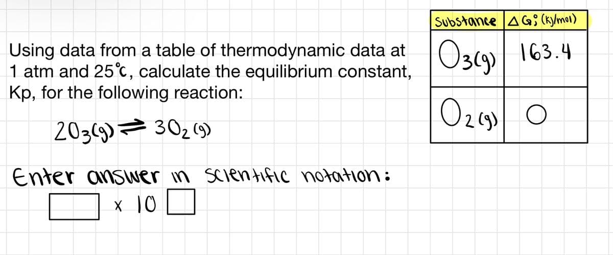 Substance A GS (ky/mo1)
Using data from a table of thermodynamic data at
1 atm and 25°c, calculate the equilibrium constant,
Kp, for the following reaction:
Oscy
O3(9)/ 163.4
Ozg o
20369) = 302 (3)
Enter answer in scientific notation:
X 10

