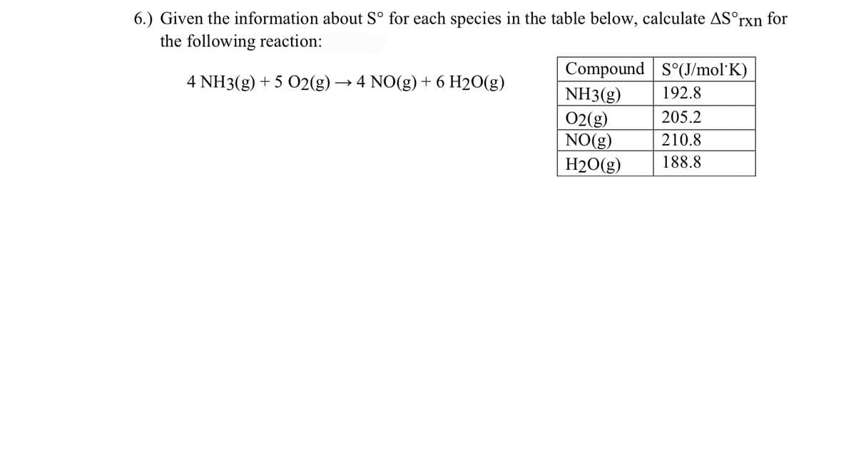 6.) Given the information about S° for each species in the table below, calculate AS°rxn for
the following reaction:
Compound S°(J/mol'K)
4 NH3(g) + 5 02(g) → 4 NO(g) + 6 H2O(g)
NH3(g)
192.8
205.2
02(g)
NO(g)
H20(g)
210.8
188.8
