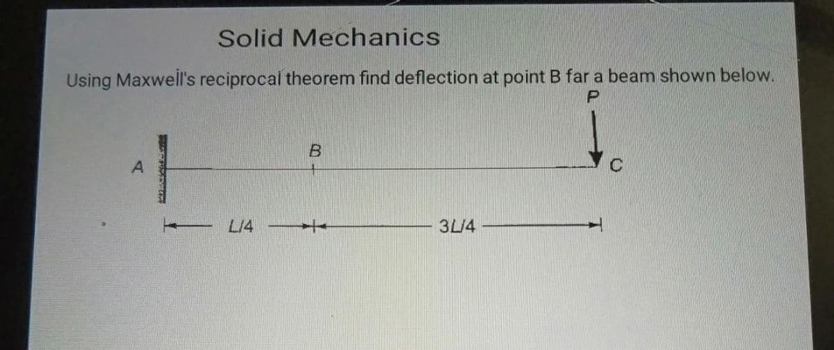 Solid Mechanics
Using Maxwell's reciprocal theorem find deflection at point B far a beam shown below.
L/4
3L/4
