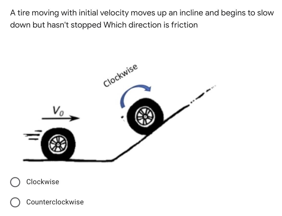 A tire moving with initial velocity moves up an incline and begins to slow
down but hasn't stopped Which direction is friction
Clockwise
Vo
O Clockwise
O Counterclockwise
