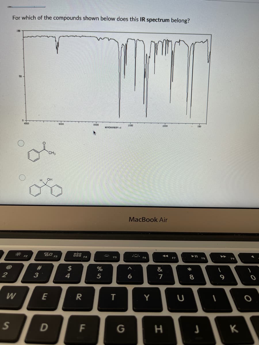 For which of the compounds shown below does this IR spectrum belong?
L00
4000
1500
1000
AVENUHB ERI
MacBook Air
吕口。
F2
F3
000 F4
F5
F7
F8
F9
@
#3
$
&
2
3
4
5
6.
7
9
W
E
R
Y
K
DI
