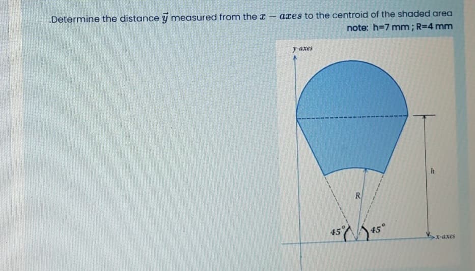 Determine the distance y measured from the x – azes to the centroid of the shaded area
note: h=7 mm ; R=4 mm
