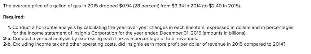 The average price of a gallon of gas in 2015 dropped $0.94 (28 percent) from $3.34 in 2014 (to $2.40 in 2015).
Required:
1. Conduct a horizontal analysis by calculating the year-over-year changes in each line item, expressed in dollars and in percentages
for the income statement of Insignia Corporation for the year ended December 31, 2015 (amounts in billions).
2-a. Conduct a vertical analysis by expressing each line as a percentage of total revenues.
2-b. Excluding income tax and other operating costs, did Insignia earn more profit per dollar of revenue in 2015 compared to 2014?
