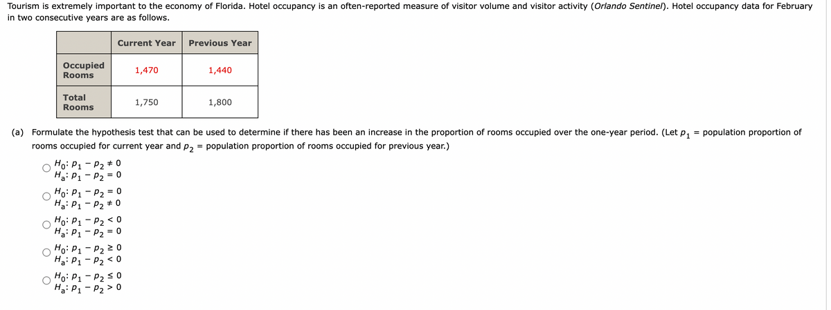 Tourism is extremely important to the economy of Florida. Hotel occupancy is an often-reported measure of visitor volume and visitor activity (Orlando Sentinel). Hotel occupancy data for February
in two consecutive years are as follows.
Occupied
Rooms
Total
Rooms
Ho: P₁ P₂ #0
Ha: P1 - P2 = 0
Current Year Previous Year
Ho: P1 - P2 = 0
Ha: P₁
P₂ #0
Ho: P₁
Ha: P₁
(a) Formulate the hypothesis test that can be used to determine if there has been an increase in the proportion of rooms occupied over the one-year period. (Let p₁
rooms occupied for current year and =
P2 population proportion of rooms occupied for previous year.)
-
Ho: P₁
Ha: P₁
P₂ < 0
P₂ = 0
Ho: P₁-P₂ ≥ 0
Ha: P1₁ - P₂ <0
1,470
P₂ ≤ 0
P₂ > 0
1,750
1,440
1,800
= population proportion of