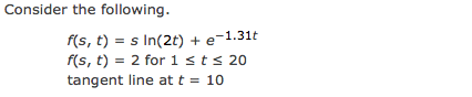 Consider the following.
f(s, t) = s In(2t) + e-1.31t
f(s, t) = 2 for 1sts 20
tangent line at t = 10
