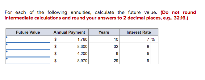 For each of the following annuities, calculate the future value. (Do not round
intermediate calculations and round your answers to 2 decimal places, e.g., 32.16.)
Future Value
Annual Payment
Years
Interest Rate
$
1,760
10
7 %
$
8,300
32
8
$
4,200
$
8,970
29
