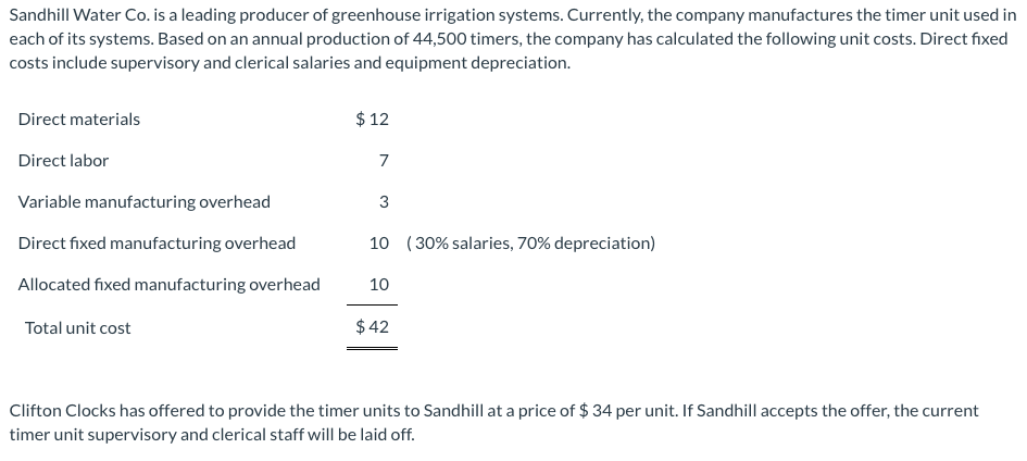Sandhill Water Co. is a leading producer of greenhouse irrigation systems. Currently, the company manufactures the timer unit used in
each of its systems. Based on an annual production of 44,500 timers, the company has calculated the following unit costs. Direct fixed
costs include supervisory and clerical salaries and equipment depreciation.
Direct materials
$ 12
Direct labor
7
Variable manufacturing overhead
3
Direct fixed manufacturing overhead
10 (30% salaries, 70% depreciation)
Allocated fixed manufacturing overhead
10
Total unit cost
$ 42
Clifton Clocks has offered to provide the timer units to Sandhill at a price of $ 34 per unit. If Sandhill accepts the offer, the current
timer unit supervisory and clerical staff will be laid off.

