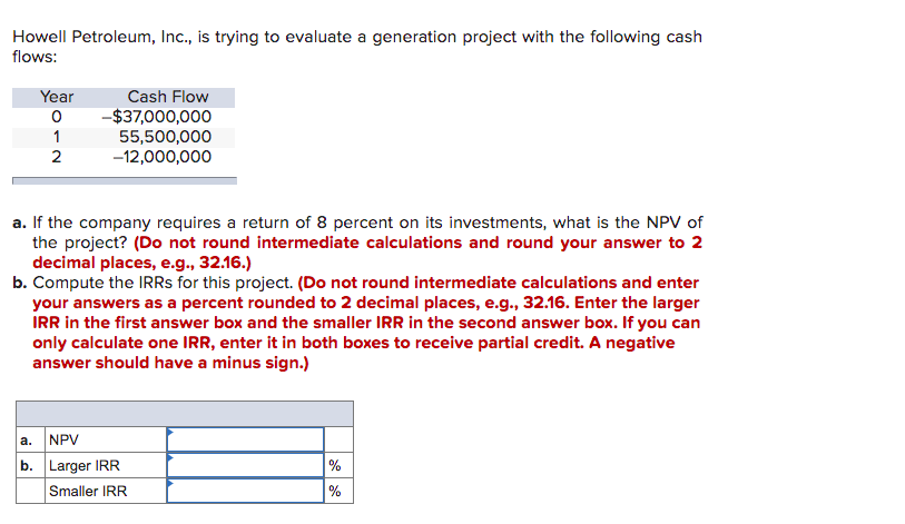 Howell Petroleum, Ic., is trying to evaluate a generation project with the following cash
flows:
Year
Cash Flow
-$37,000,000
55,500,000
-12,000,000
1
2
a. If the company requires a return of 8 percent on its investments, what is the NPV of
the project? (Do not round intermediate calculations and round your answer to 2
decimal places, e.g., 32.16.)
b. Compute the IRRS for this project. (Do not round intermediate calculations and enter
your answers as a percent rounded to 2 decimal places, e.g., 32.16. Enter the larger
IRR in the first answer box and the smaller IRR in the second answer box. If you can
only calculate one IR, enter it in both boxes to receive partial credit. A negative
answer should have a minus sign.)
a. NPV
b. Larger IRR
%
Smaller IRR
%
