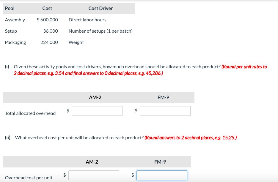 Pool
Cost
Cost Driver
Assembly
$ 600,000
Direct labor hours
Setup
36,000
Number of setups (1 per batch)
Packaging
224,000
Weight
(i) Given these activity pools and cost drivers, how much overhead should be allocated to each product? (Round per unit rates to
2 decimal places, e.g. 3.54 and final answers to O decimal places, eg. 45,286.)
AM-2
FM-9
$
Total allocated overhead
(ii) What overhead cost per unit will be allocated to each product? (Round answers to 2 decimal places, e.g. 15.25.)
AM-2
FM-9
Overhead cost per unit
%24
%24
%24
%24
