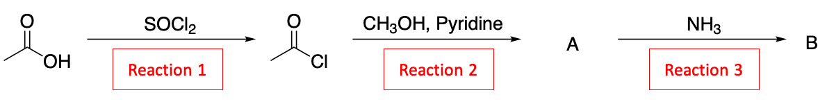 OH
SOCI₂
Reaction 1
CH3OH, Pyridine
Reaction 2
NH3
Reaction 3
B