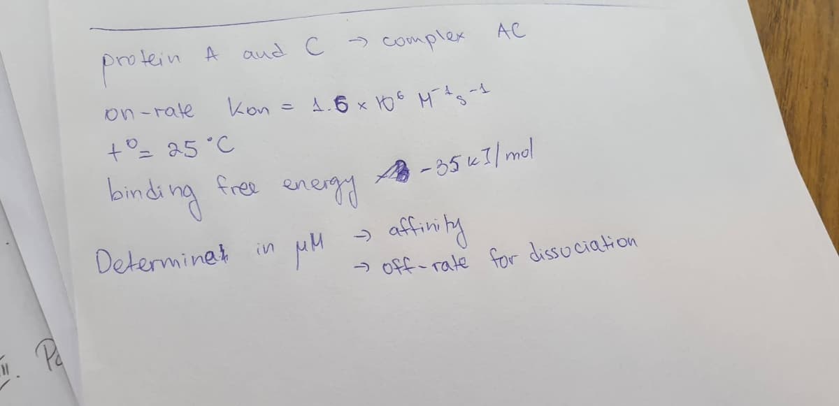 "1. Pa
A
protein
on-rate
+= 25 °C
binding
and C
Коп
э complex
1.6 x 106 Mg-t
free energy
Determinat in
AC
A-35k 1/mol
μM → affinity
→ off-rate for dissociation