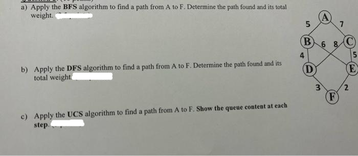 a) Apply the BFS algorithm to find a path from A to F. Determine the path found and its total
weight.
b) Apply the DFS algorithm to find a path from A to F. Determine the path found and its
total weight
c) Apply the UCS algorithm to find a path from A to F. Show the queue content at each
step.
5
B
D
A
68 C
5
3
7
F
E
2