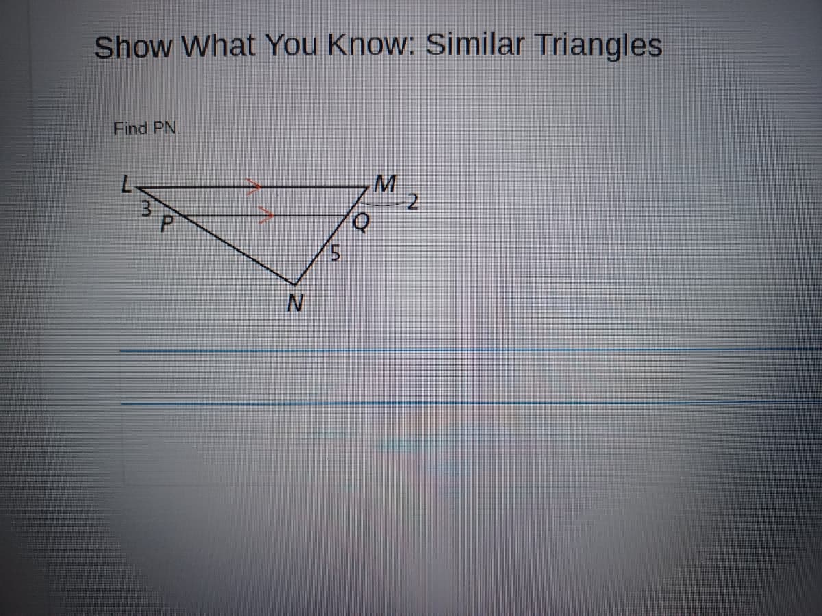 Show What You Know: Similar Triangles
Find PN.
3P
N
