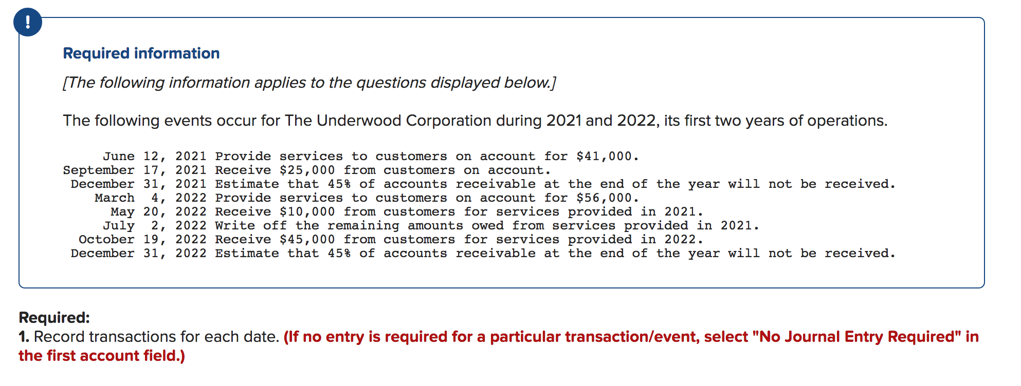 !
Required information
[The following information applies to the questions displayed below.]
The following events occur for The Underwood Corporation during 2021 and 2022, its first two years of operations.
June 12, 2021 Provide services to customers on account for $41,000.
September 17, 2021 Receive $25,000 from customers on account.
December 31, 2021 Estimate that 45% of accounts receivable at the end of the year will not be received.
March
4, 2022 Provide services to customers on account for $56,000
May 20, 2022 Receive $10,000 from customers for services provided in 2021
July 2, 2022 Write off the remaining amounts owed from services provided in 2021.
October 19, 2022 Receive $45,000 from customers for services provided in 2022.
December 31, 2022 Estimate that 45% of accounts receivable at the end of the year will not be received.
Required:
1. Record transactions for each date. (If no entry is required for a particular transaction/event, select "No Journal Entry Required" in
the first account field.)
