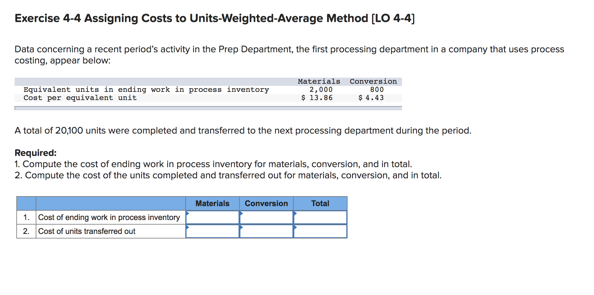 Exercise 4-4 Assigning Costs to Units-Weighted-Average Method [LO 4-4]
Data concerning a recent period's activity in the Prep Department, the first processing department in a company that uses process
costing, appear below:
Materials
Conversion
800
$ 4.43
Equivalent units in ending work in process inventory
Cost per equivalent unit
2,000
$ 13.86
A total of 20,100 units were completed and transferred to the next processing department during the period.
Required:
1. Compute the cost of ending work in process inventory for materials, conversion, and in total.
2. Compute the cost of the units completed and transferred out for materials, conversion, and in total.
Materials
Conversion
Total
Cost of ending work in process inventory
1.
2. Cost of units transferred out
