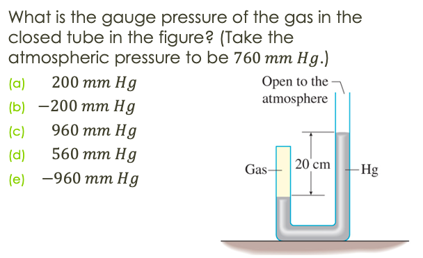 What is the gauge pressure of the gas in the
closed tube in the figure? (Take the
atmospheric pressure to be 760 mm Hg.)
200 тm Hg
Open to the
atmosphere
(a)
(b) —200 тт Hg
(c)
960 тm Hg
(d)
560 тm Hg
20 cm
Gas-
-Hg
(e) —960 тт Hg
