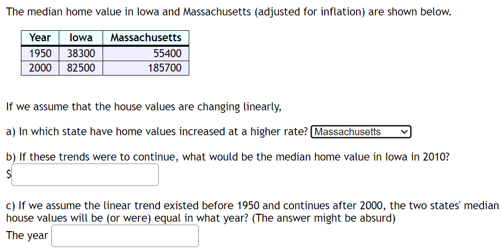 The median home value in lowa and Massachusetts (adjusted for inflation) are shown below.
Year lowa Massachusetts
1950 38300
2000
82500
55400
185700
If we assume that the house values are changing linearly,
a) In which state have home values increased at a higher rate? [Massachusetts
b) If these trends were to continue, what would be the median home value in lowa in 2010?
$
c) If we assume the linear trend existed before 1950 and continues after 2000, the two states' median
house values will be (or were) equal in what year? (The answer might be absurd)
The year