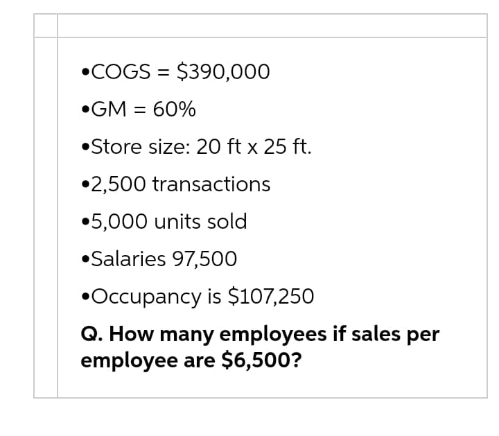 •COGS = $390,000
•GM = 60%
•Store size: 20 ft x 25 ft.
•2,500 transactions
•5,000 units sold
•Salaries 97,500
•Occupancy is $107,250
Q. How many employees if sales per
employee are $6,500?

