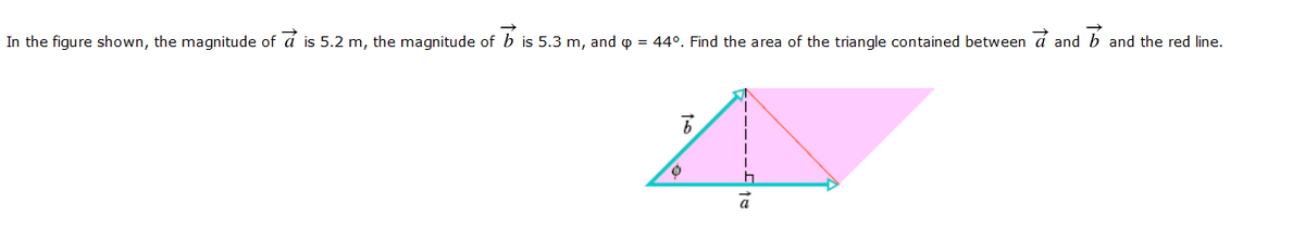 In the figure shown, the magnitude of á is 5.2 m, the magnitude of b is 5.3 m, and o = 44°. Find the area of the triangle contained between á and b and the red line.
a
